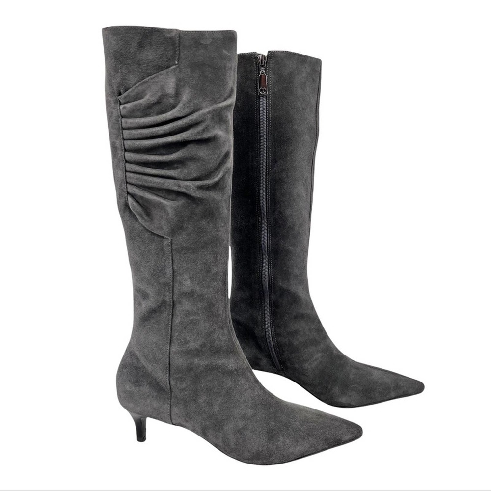 Talbots Grey Tall Suede Leather Zip Up Pointed Toe Kitten Heel Boots Size 8.5B